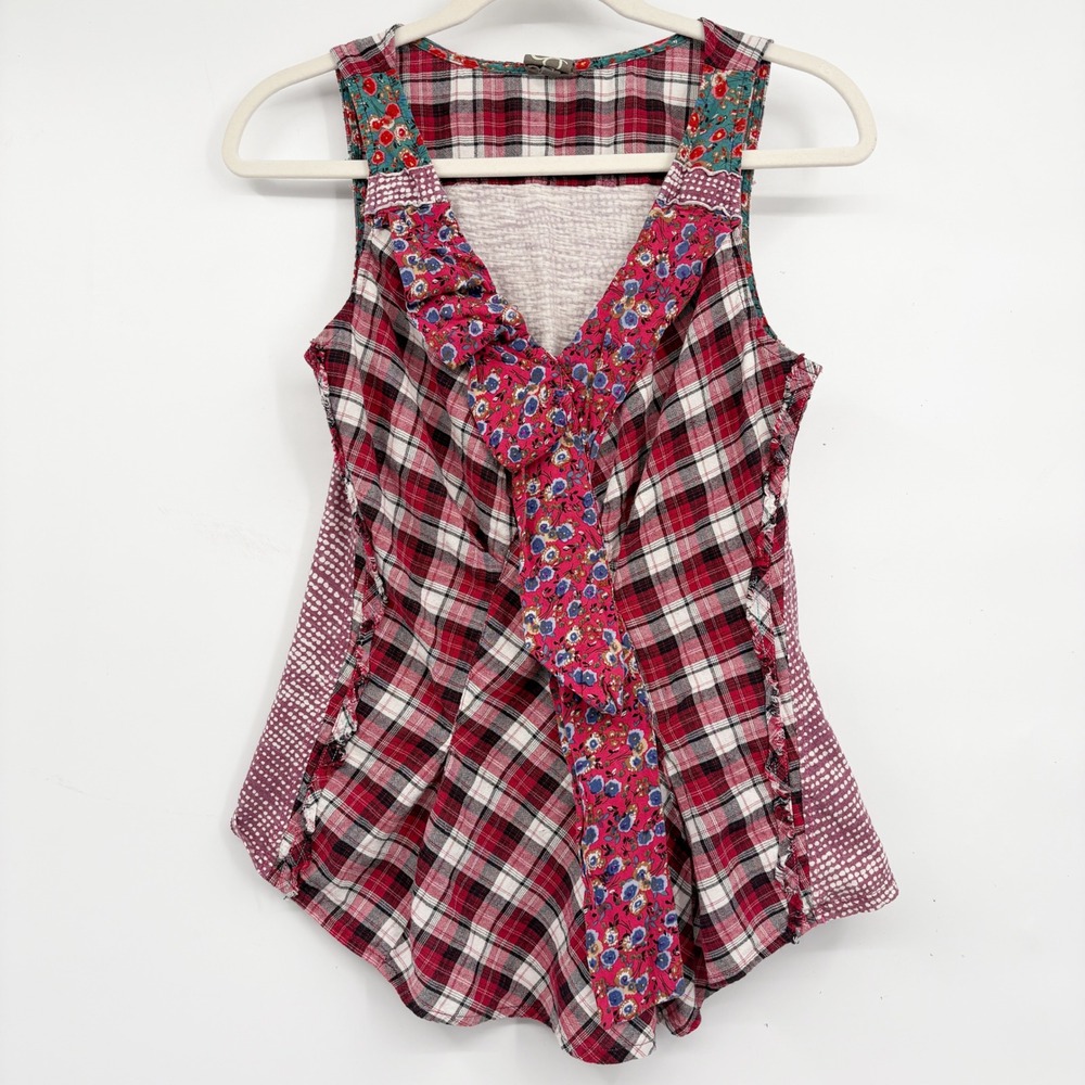 One September Womens Mixed Plaid Floral Boho Cottagecore Ruffle Tank Top Size XS